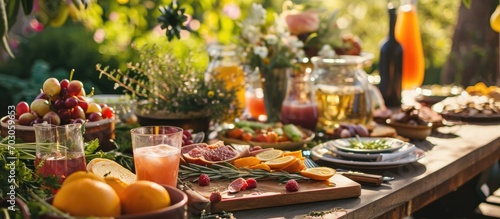 Summer brunch party outdoors in a backyard with appetizers, rose, fresh drinks, and organic veggies.