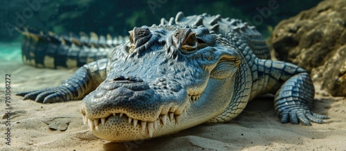 Open-jawed saltwater crocodile.