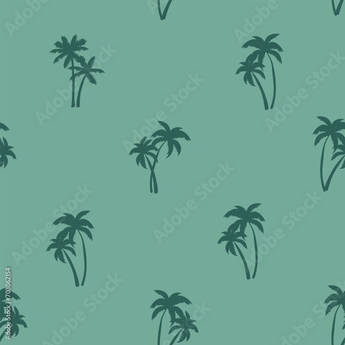 Half-drop seamless repeat pattern with ditsy tonal teal green palm tree silhouettes. Men's, boys, tropical beach, shirt print and more.