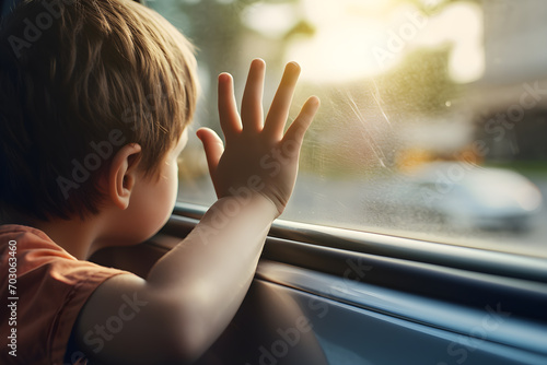 child boy looking out car window. Alone in the car. copy space.