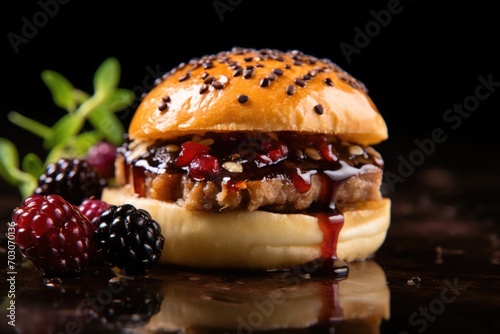 Indulge your palate with this sweet and savory slider creation, as a tender slice of seared foie gras delicately balances upon a fluffy brioche bun, married with a sweettart blackberry compote,