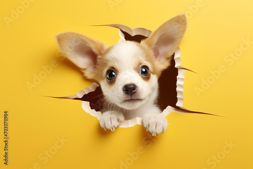 Cute Puppy peeking out of a hole in the wall, torn hole, empty copy space frame 