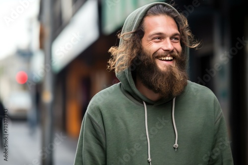 Portrait of a handsome young man with long hair and beard wearing a green sweatshirt on the street