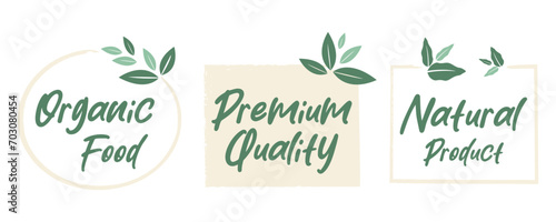 Organic food, healthy life and natural product labels and badges for food market, ecommerce, organic products promotion.