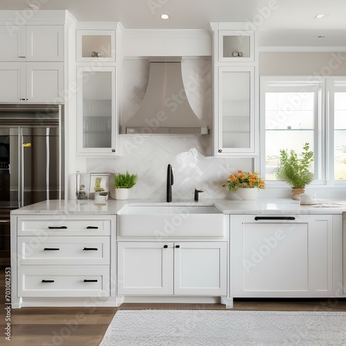 A bright and airy kitchen with white cabinets, marble countertops, and a farmhouse sink3