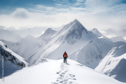 A mountaineer in mountains approaching a majestic snowy mountain peak amidst a snowfall and snow storm. Solitude and determination, adventure and challenge of climbing in extreme conditions