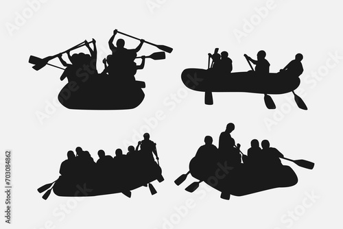 rafting silhouette collection set. hobby, leisure, whitewater river, sport concept. different actions, poses. monochrome vector illustration.