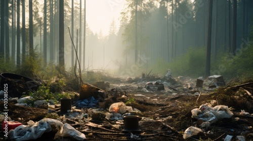 A serene forest scene spoiled by illegal dumping causing visual pollution