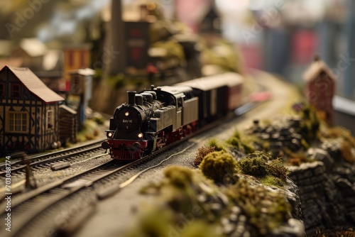 Model train set evoking nostalgia with a miniature locomotive chugging through a detailed landscape.