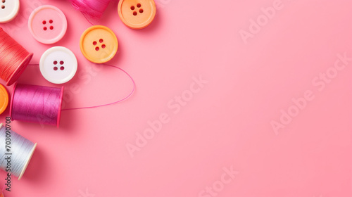 A creative arrangement of colorful sewing spools and matching buttons on a bright pink background for crafting and sewing.