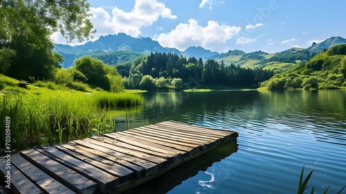 An idyllic countryside natural landscape with a picturesque lake surrounded by lush green trees and mountains in the background