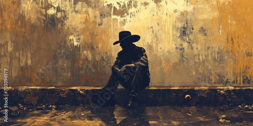 Cowboy wearing Black is Sat on a Grunge Wall in the Style of Pop Art Illustration - A Cowboy Background in Sepia Tone, Necro Nomi Con Illustration Wallpaper created with Generative AI Technology