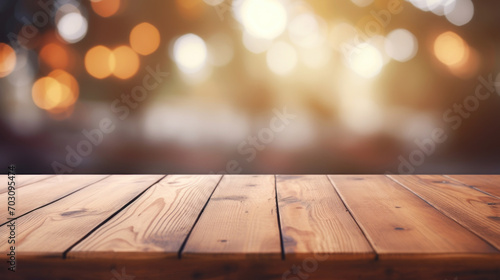 An empty wooden table top in focus with a warm bokeh light effect creating an inviting and cozy background atmosphere.