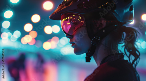 A dramatic side view of a roller derby player, her helmets visor reflecting the lights of the arena as she glides past her opponents.