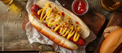 Top-down horizontal view of a hot dog with sauerkraut and mustard on a table.