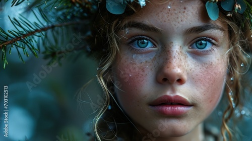 A Teen Girl Portrait of Magical Human with Beast Traits such as Deer Antlers - Beautiful Attractive Cat Eyes and Gills in a Pine Tree Forest - Mystic Forest Woman created with Generative AI Technology