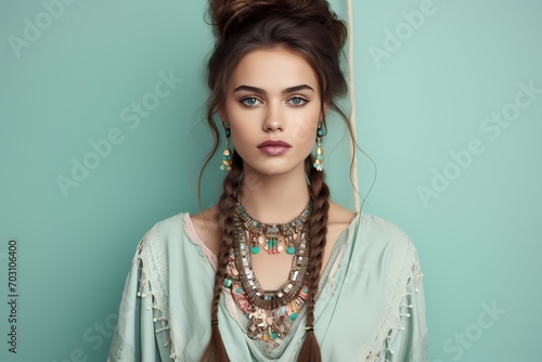 A young model wearing a boho-chic maxi dress, accessorized with statement jewelry, against a solid light mint green background.