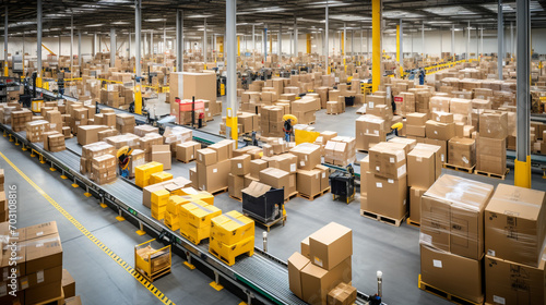 a distribution warehouse, a conveyor belt stretching across the scene, lined with neatly arranged cardboard box packages ready for e-commerce delivery