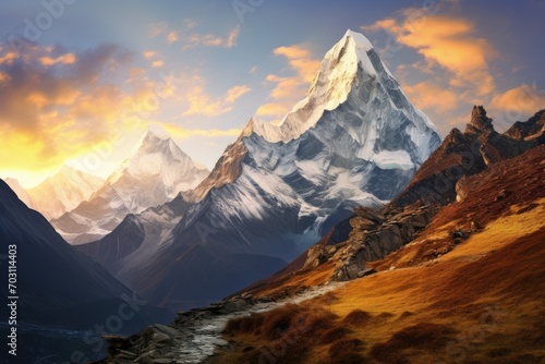 Beautiful mountains landscapes in Cordillera Huayhuash, Peru, South America, Mountain landscape at sunset in the Himalayas, Nepal, Asia, AI Generated