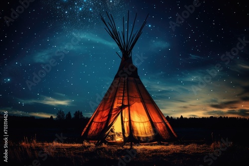 Tribal indian teepee at night with starry sky, Native American Indian teepee at night with a starry sky, AI Generated
