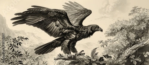 1878 illustration of Long Crested Eagle (Lophaetus occipitalis). Created by Kretschmer and Jahrmargt, published in Merveilles de la Nature.