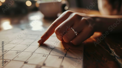 A woman's hand points with her finger to a date on a calendar