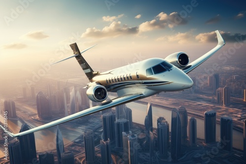 Airplane flying over Dubai city, United Arab Emirates. 3D rendering, Private jet plane flying above Dubai city, AI Generated