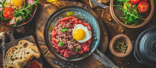 Raw beef fillet transformed into a gourmet meat tartare. Dinner with beef tartare, raw egg, fried bread, capers, French mustard, tomatoes, salad, and sauce. Top-down view.