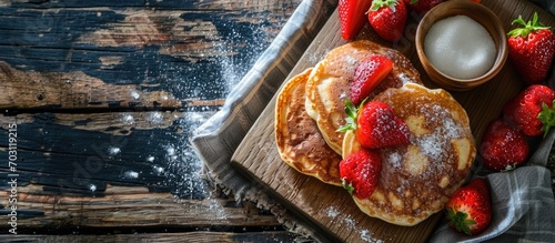 Three pancakes with strawberries, sugar, on wooden table with towel.