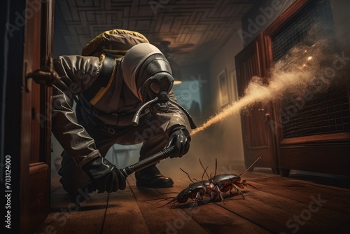 Cockroaches in the room. A man in a gas mask and a gas mask is cleaning the cockroaches from the wooden floor, Pest control exterminator eliminating cockroaches inside the house, AI Generated