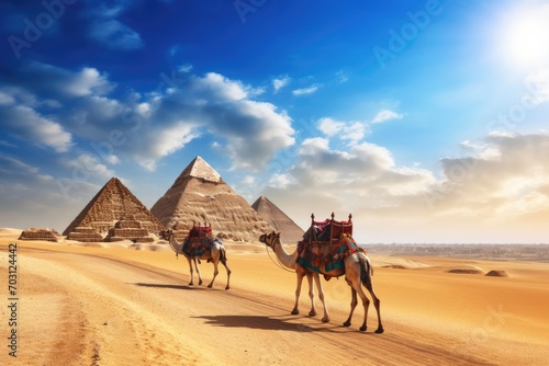 The pyramids of Giza and camels in the desert of Egypt, Pyramids Giza Cairo in Egypt with a camel caravan panoramic scenic view, AI Generated