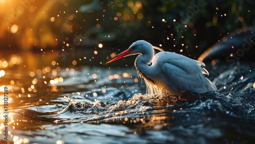 Eastern great egret bird on the surface of the water, natural wildlife environment