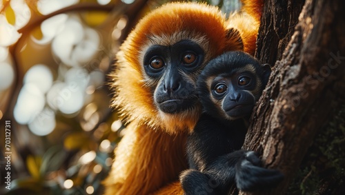 Yellow-cheeked gibbon monkey hugs baby in forest, natural wildlife environment