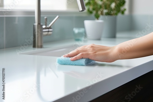A pristine kitchen counter being cleaned with a cloth