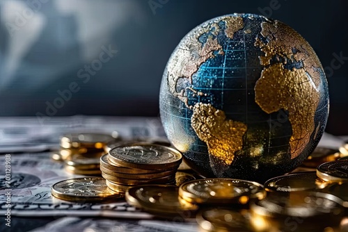 Financial frontier. Exploring global landscape of business money and growth. Currency constellation. Mapping world of finance investment and wealth. Dollars and decisions. Navigating for success