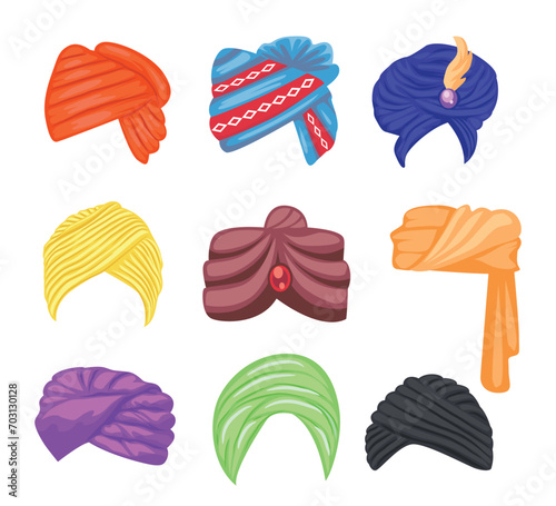 Traditional Indian and Arabic turban set, Indian traditional hats, india culture clothing, sikh headgear fires, oriental cultures headdress, Head covering worn by Muslims, vector illustration
