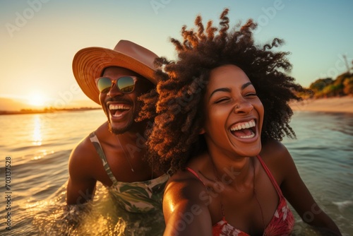 Portrait of cheerful african american couple having fun on beach at sunset, A black couple enjoying travel and beach fun, laughing during a sunset nature adventure and summer vacation, AI Generated