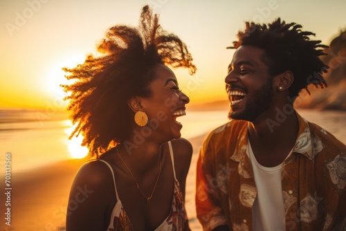 Happy african american woman in swimsuit smiling on beach at sunset, A black couple enjoying travel and beach fun, laughing during a sunset nature adventure and summer vacation, AI Generated