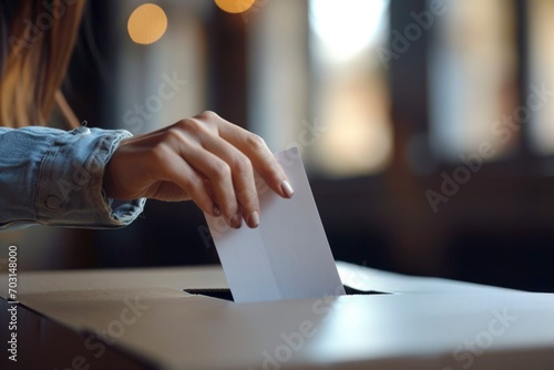 Eagerly putting their vote into the ballot box, the voter's hand showcases the essence of democracy, contributing to the collective decision-making process with their carefully chosen ballot.