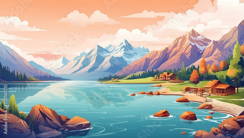 Landscape with lake and mountains on colorful atmosphere