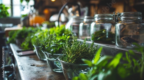Fresh herbs in the chef's kitchen are ready to be chopped into food.