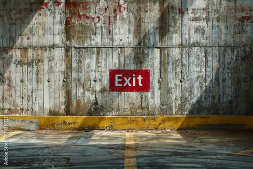 Exit concept image with Exit red sign with written exit word on a grey concrete wall
