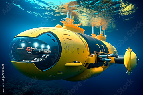 Small yellow submarine on the dive. Submarine explore underwater life.