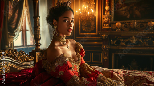 Portrait of a medieval fantasy princess in her luxurious bedroom, looking at the viewer, mouth slightly open, dynamic pose, luxurious dress, gold necklace earrings and jewelry, big eyes