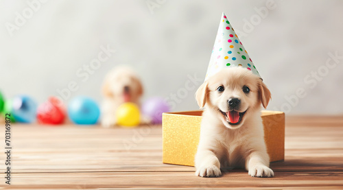 Happy Birthday party concept. Funny cute puppy dog wearing birthday silly hat on a festive background. Pet dog on Birthday