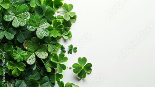 Lucky four leaf clovers on white background with copy space, close up, for celebrate traditional St. Patrick's day