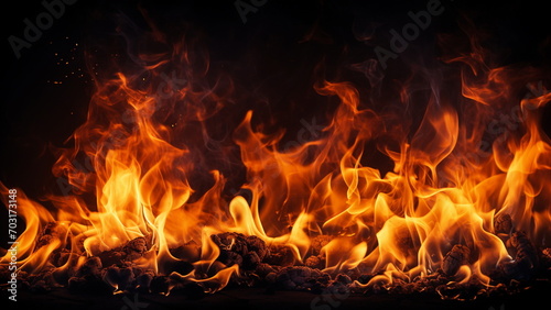 Closeup of burning flames, fire background banner long, isolated on black background