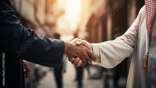Saudi Arabian businessmen shaking hands and saying goodbye in front of the main entrance of an office building with Generative AI