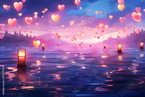 Watercolor love valentine landscape background pf flying shiny heart balloons and lanterns on water
