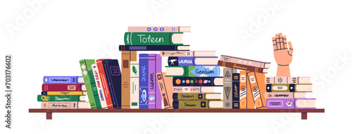Books pile, heap in mess, disorder on shelf. Literature chaos on bookshelf, home library. Mix of art textbooks, many kids encyclopedias. Flat graphic vector illustration isolated on white background